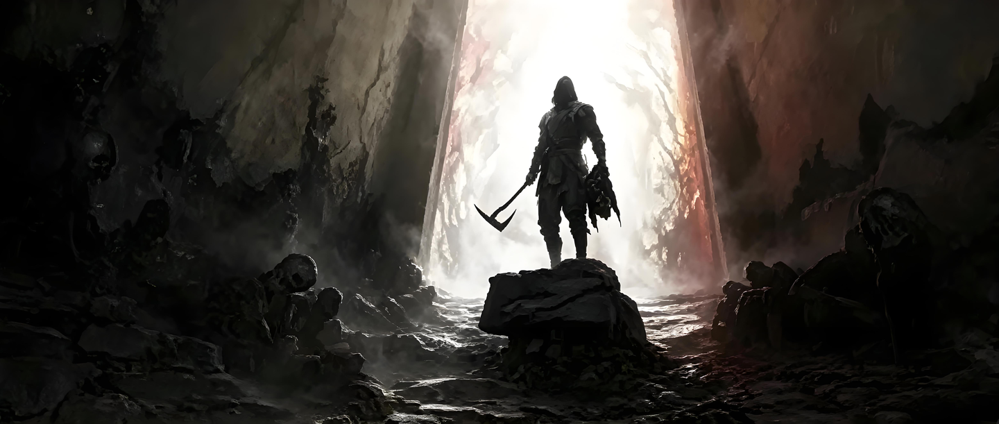 A lone warrior standing before a fire-lit passage in a dark cavern